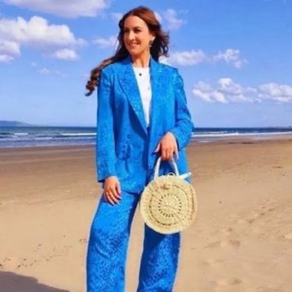 ZARA PANT SUIT - TURQUOISE JACQUARD BLAZER SIZE S & WIDE LEG JACQUARD PANTS SZ M - Picture 7 of 14